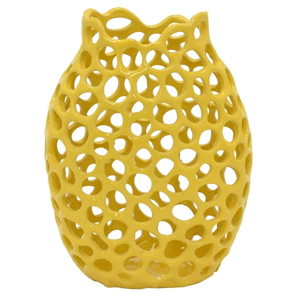 Three Hands 10.5 in. Decorative Yellow Ceramic Pierced Vase Walmart