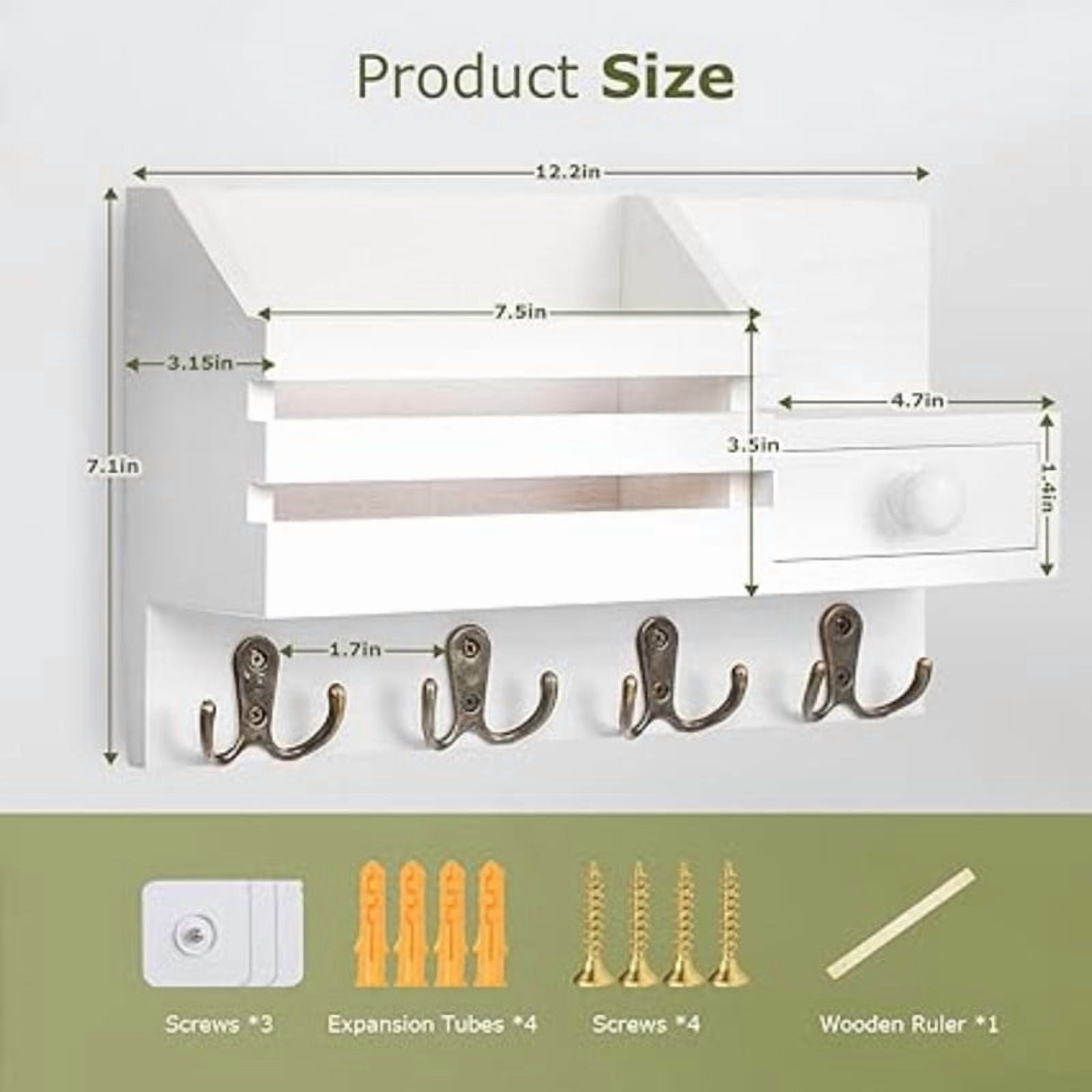 Key Holder Wall Mount, Wooden Adhesive Mail and Key Organizer with Drawer, Small Shelf, 8 Hooks, 2 Installation Methods, White
