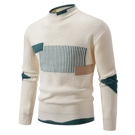 QTBIUQ Sweater Man Fashion Color Match Knit Mock Turtleneck Loose Base Shirt Sweater White