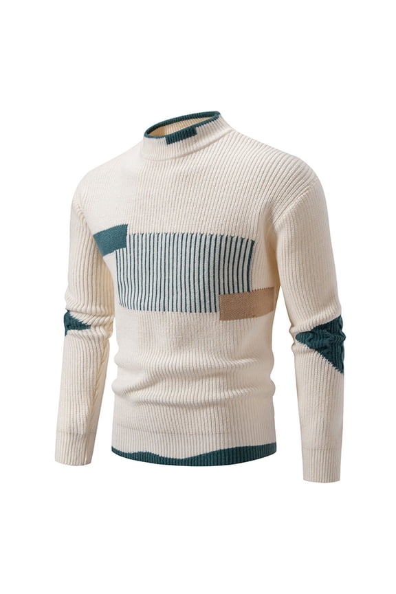 Men's Loose Knit Sweater Casual Comfy Long Sleeve Mock Neck Sweaters Color Block Pullover Tops Fall Winter Trendy Warm Outfits White M