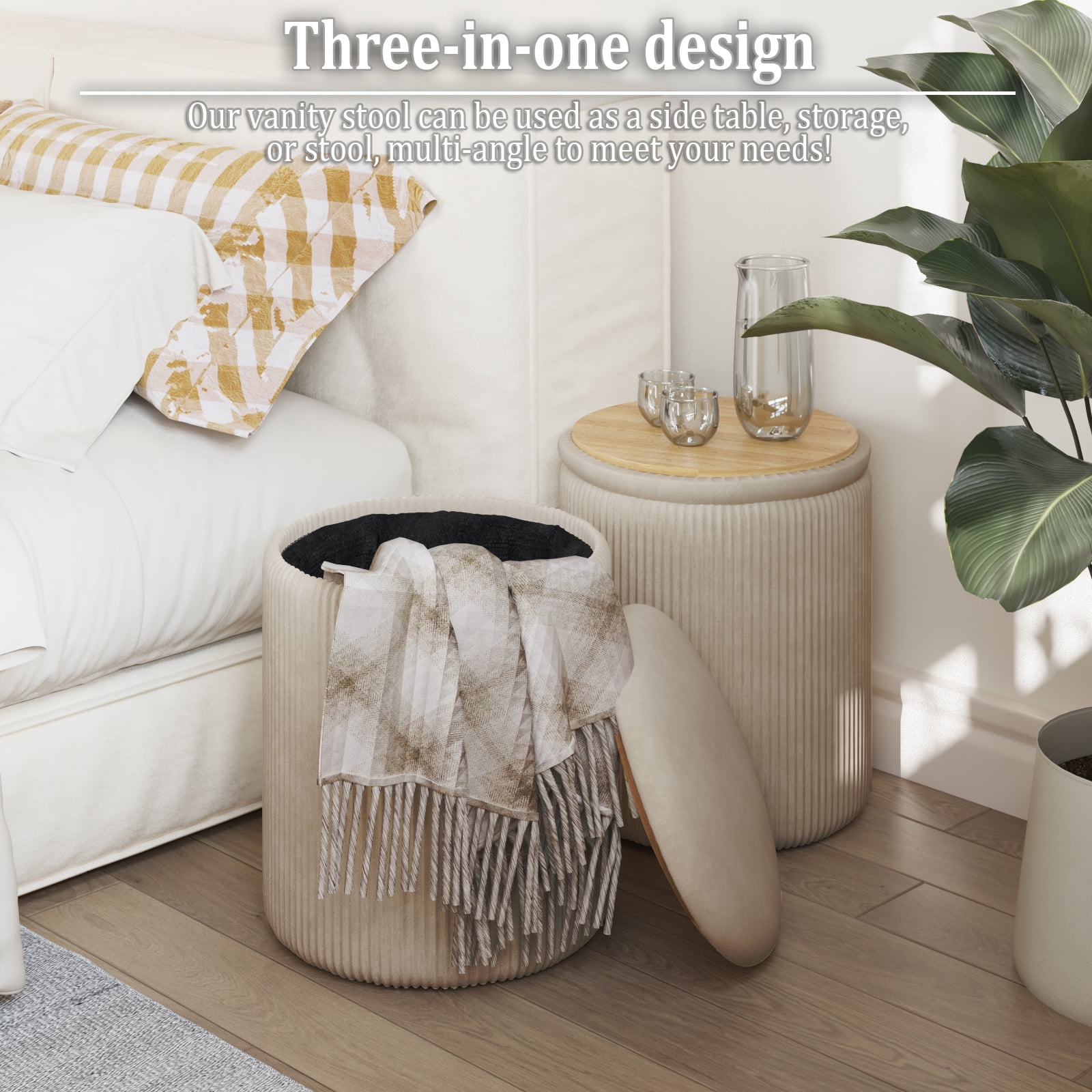 Waleaf Round Ottoman with Storage Set of 2, Upholstered Velvet Vanity Stool for Living Room & Bedroom, Beige