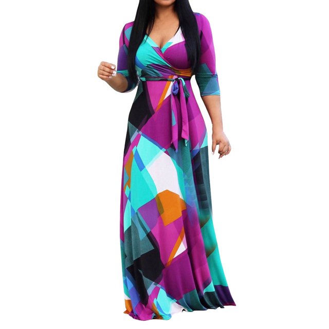 Birdeem Mode Femme Décontractée Imprimé Trois Quarts Col en V Bandage Robe Longue Ample