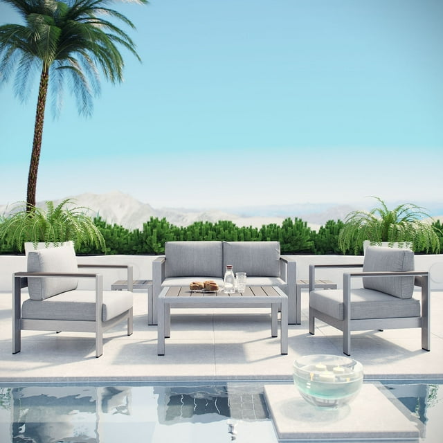 Modway Shore Ensemble de Canapé Sectionnel d'Extérieur en Aluminium de 6 Pcs pour Patio, Gris Argenté