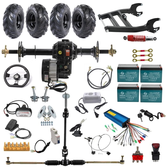 Complete Electric Go Kart Conversion Kit, 30" Rear Axke Shaft Assembly with 145/70-6 Wheels, 48V 1000W Brushless DC Motor Kit, Steering System & Swingarm for DIY Trike, Quad, ATV, Golf Cart