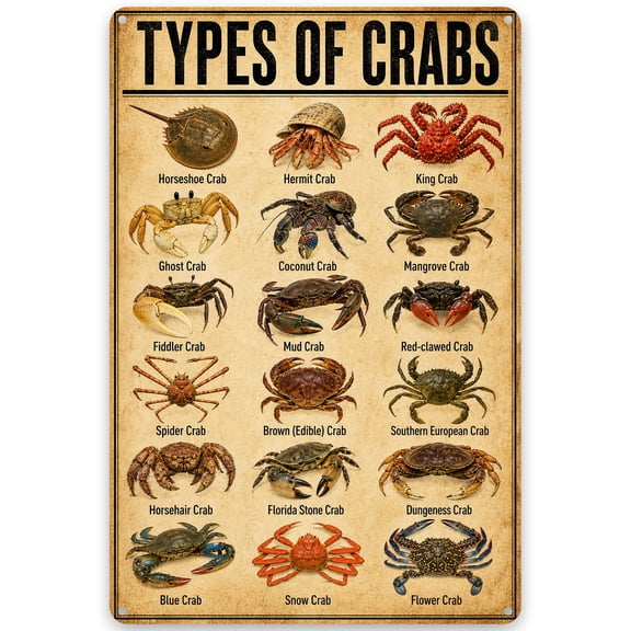 Types of Crabs Metal Wall Sign, Rustic Marine Life Decor 8x12 Inch - Vintage Iron Poster for Indoor/Outdoor, Easy Hanging Weather Resistant Beach House Nautical Decoration