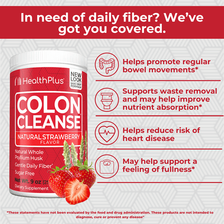 Health Plus Colon Cleanse Digestive Support | No Artificial Flavors | Daily Fiber for Toxin Elimination To Reduce Bloating | Psyllium Husk | Strawberry Flavor | 9 Ounces, 36 Servings