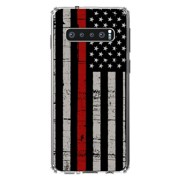 DistinctInk Clear Shockproof Hybrid Case for Samsung Galaxy S10 (6.1" Screen) - TPU Bumper, Acrylic Back, Tempered Glass Screen Protector - Weathered Thin Red Line US Flag - First Responders