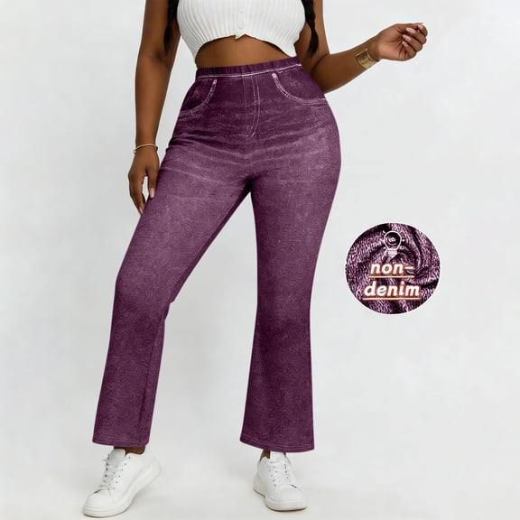 TaTaai Spring Casual Flare Pants for Women Faux Denim Print High Waist Elastic Wide Leg Bell Bottoms Stretchy Non-Denim Trousers with Pockets Gift