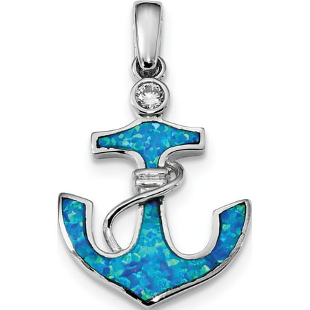 Leslies Fine Jewelry Designer 925 Sterling Silver Rhodium-plated Blue Created Opal & CZ Anchor (23x37.7mm) Pendant