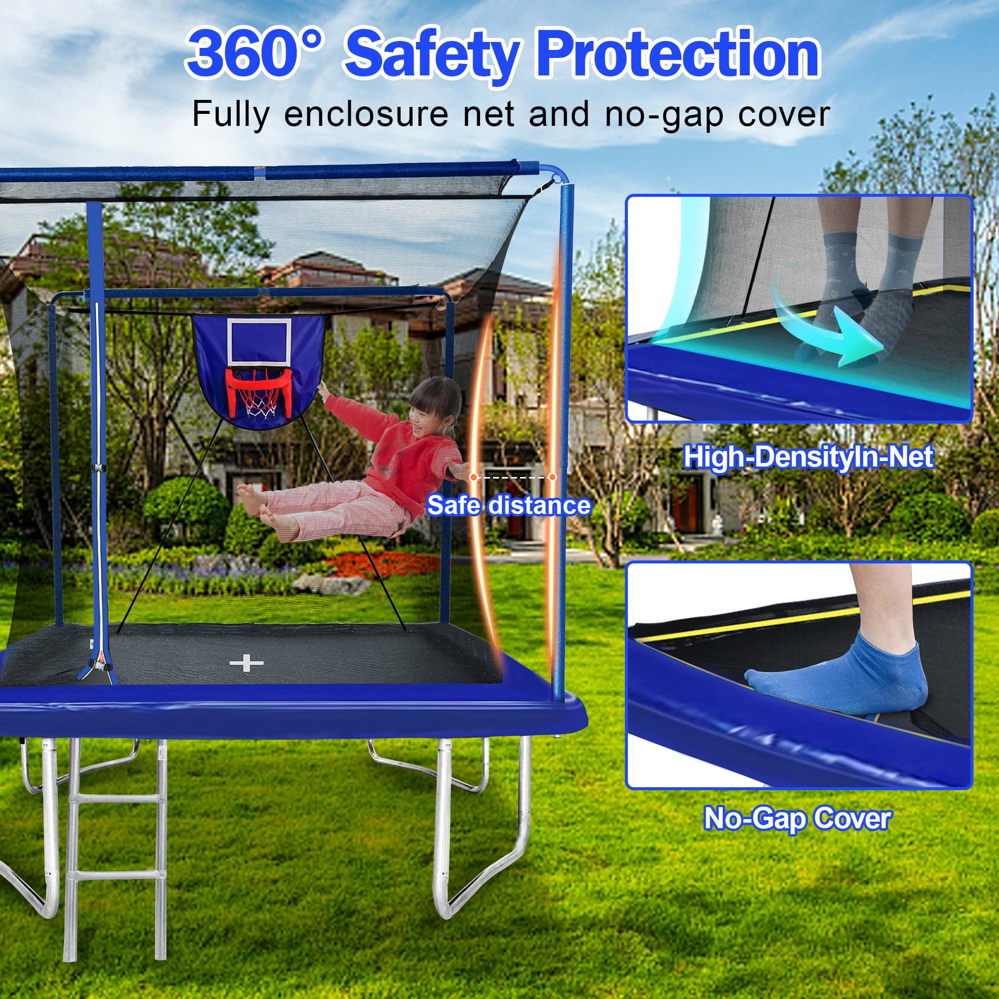 8FT x 12FT Rectangular Trampoline for Kids, Large Size Trampoline with Basketball Set, Outdoor Trampoline w/ Enclosure Net, 4 Reinforced Supports for MAX Weight 1000LBS