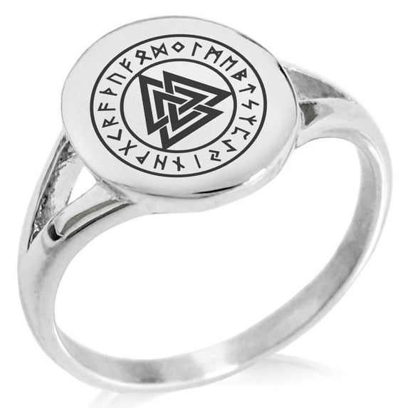 Stainless Steel Norse Valknut Knot Viking Minimalist Oval Top Polished Statement Signet Ring
