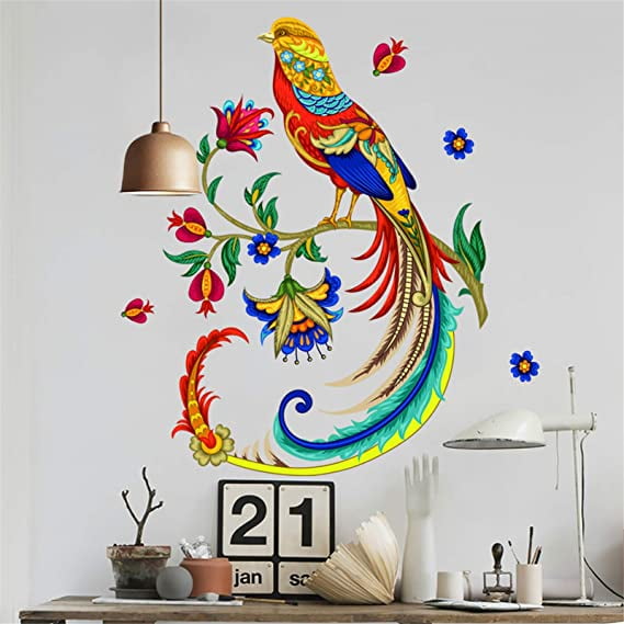 ADILAIDUN 4Pcs/Set Color Bird Flowers Wall Decals Phoenix Wall Sticker Peel and Stick Removable Decor Art Murals for Teen Boys Girls Room Kids Living Room Bedroom Home Decoration Color