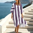 thumbnail image 5 of Uscallm Women Plus Size V Neck Short Sleeve Boho Flowy Striped Maxi Dresses Loose Casual Beach Vacation Swing Long Dresses with Elastic Waist, Purple XL, 5 of 8