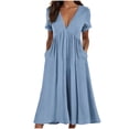 thumbnail image 2 of Wiyuqeen Rolled Short Sleeve Midi Dresses Women Elegant Deep V Neck Dresses Casual Loose Empire Waist Dresses with Pockets Summer Solid Dresses, 2 of 6