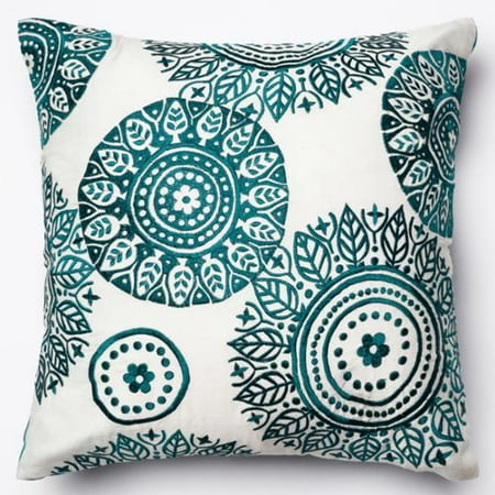 Alexander Home Neva Ivory/Teal Embroidered Down Feather or Polyester Filled 18-inch Throw Pillow ...