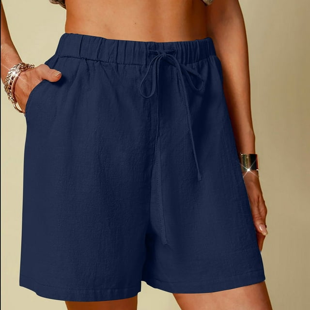 Soki Women's Cotton Linen Shorts Solid Color Comfortable Elastic Wide Leg Casual Shorts