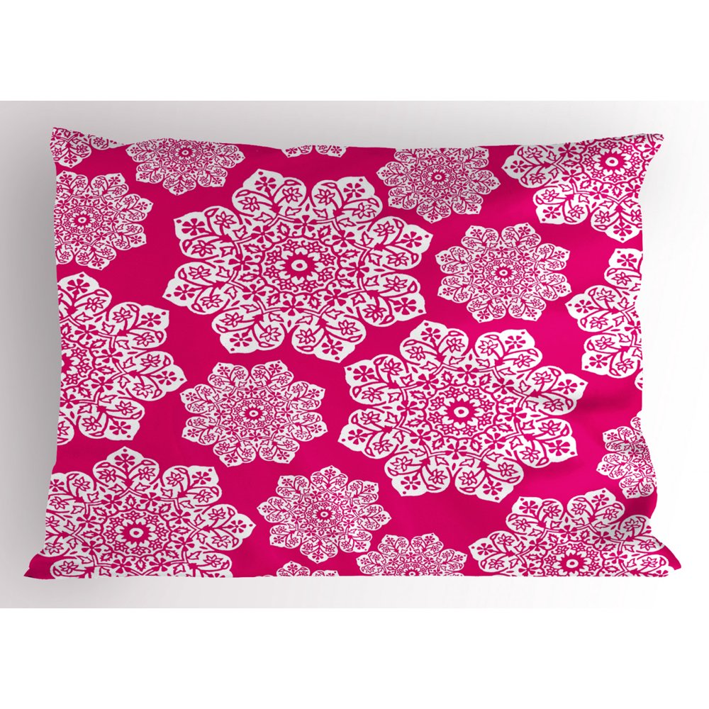 Hot Pink Pillow Sham White Floral Design Ornate Mandala Inspired Round
