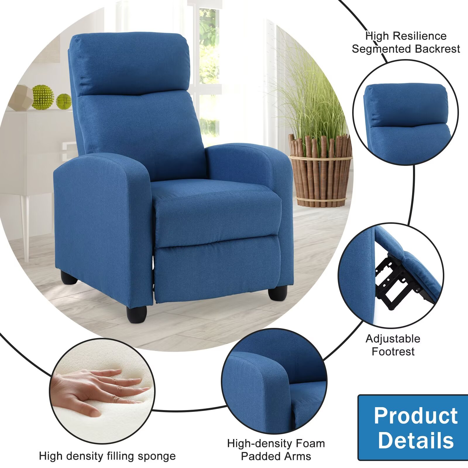 YRLLENSDAN Fabric Recliner Chair for Living Room Home Theater Seating, Adjustable Single Sofa for Adults, Reading Chair with Padded Seat Backrest and Footrest, Blue