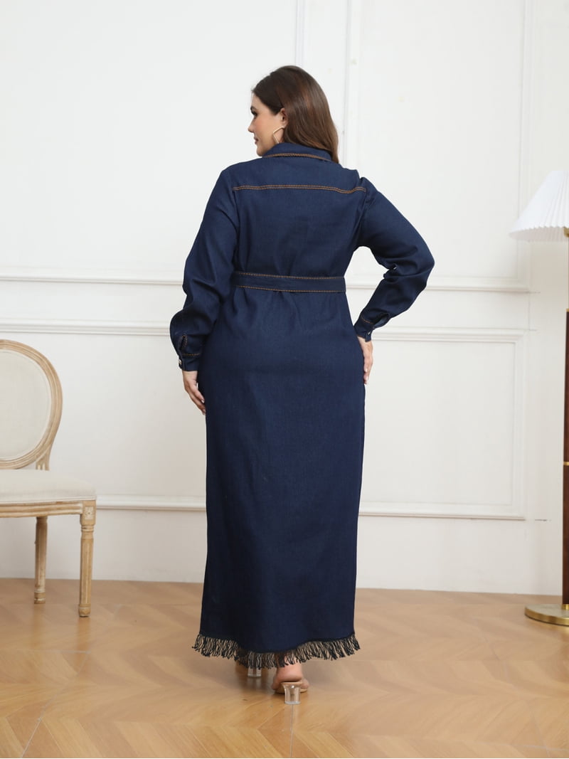 denim fringe dress plus size Plus Size Women's Cap Sleeve V Neck Button Front Dress Ruffle Hem Denim Dresses
