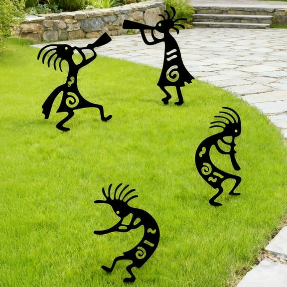 4PCS Kokopelli Garden Stakes, Southwestern Decor Iron Silhouette Yard Art, Outdoor Metal Figure Lawn Ornaments for Patio
