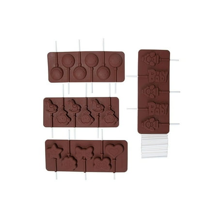 Lollipop Lollipop Mold Silicone Lollipop Molds - 4 Pieces Chocolate Hard Candy Lollipop Sucker Mold with 100 Lollipop Sticks, Cute Designs for Cup Cake Decoration, Baby Shower and Kids Birthday Parties - 22 Capacity ()