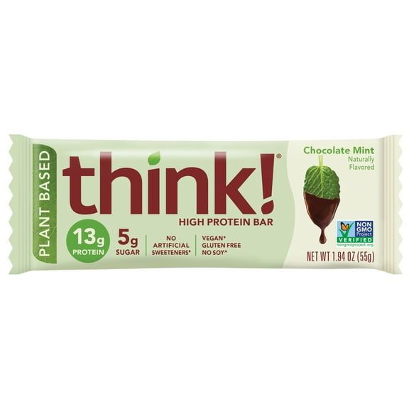 think! Plant Based High Protein Bar, Chocolate Mint, 13g Protein, Gluten Free, Vegan, 10 Count