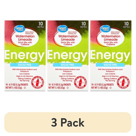 (3 pack) Great Value Energy Electrolyte Watermelon Limeade Liquid Drink Mix Sugar-Free 1.1 oz 10 Packet