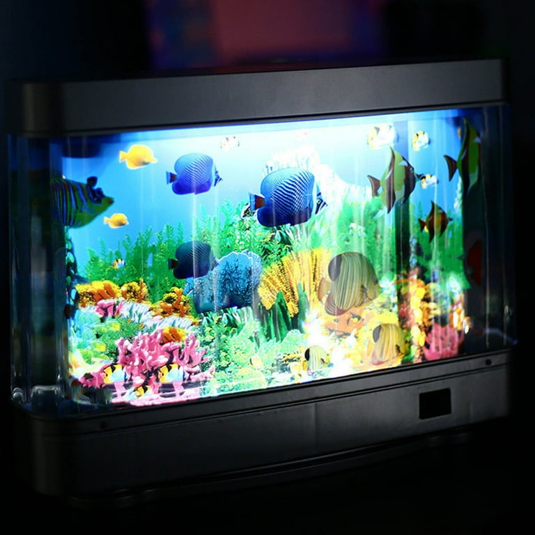 Qinghuai Fake Fish Tank for Kids Toy Artificial Aquarium Mini Fish Tank with Moving Fish Pretend Seabed World Lamp Lighting Move Virtual Aquarium That Cats Love to Watch Office Desk Decoration