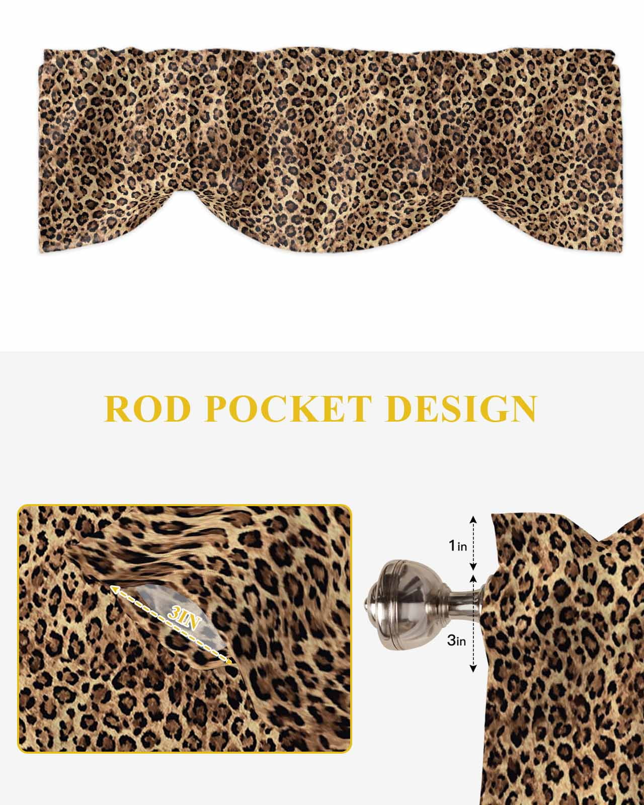 Leopard Print Tie Up Valances Curtain, Adjustable Kitchen Animal Abstract Retro Valances for Windows Decor, Rod Pocket Short Curtains Set for Bedroom/Bathroom, 60"x18"