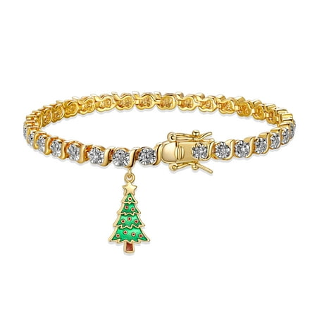 Fine Silver Plated Diamond Accent "S" Link Gold Tone Tennis Bracelet With Enamel Holiday Christmas Tree Charm 7.25"