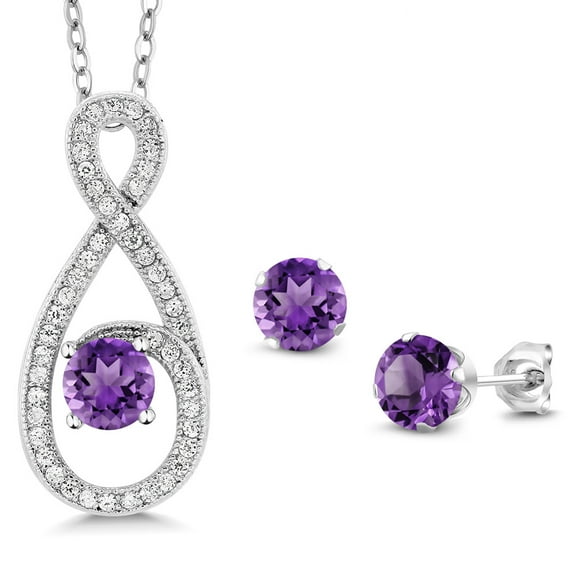 Gem Stone King 1.95 Ct Round Purple Amethyst 925 Sterling Silver Pendant and Earrings Jewelry Set