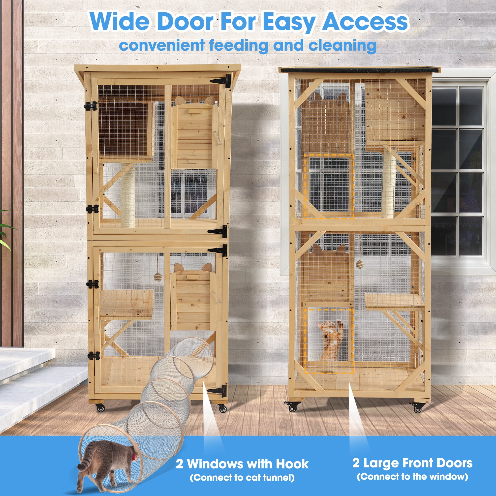 Haverchair Catio Outdoor Cat Enclosure with Scratcher - 4-Tier Large Indoor Wooden Window Catio Cat House W/Asphalt Waterproof Roof, Wheels, Resting Box, Platforms, Cat Toys Ball, Pet Cage Playpen