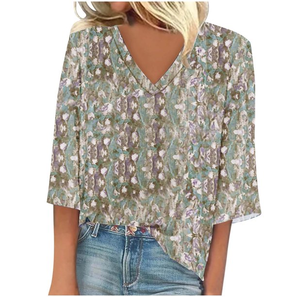 Blusas de Manga Corta para las Mujeres de Moda Sólida Camiseta Casual con Cuello en V, Ligero Top de Verano para Diario