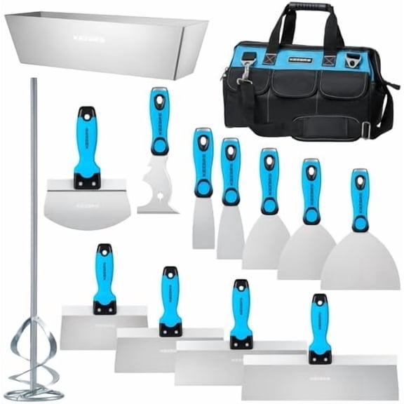 Drywall Hand Tool Kit, 14 Pieces Stainless Steel 1.5" 2" 4" 5" 6" Putty Knife, 8" 10" 12" 14" Taping Knife, 14" Mud Pan, 6" Bucket Scoop, 11-in-1 Paint Scraper, 16" Mud Mixer & Tool Bag$$