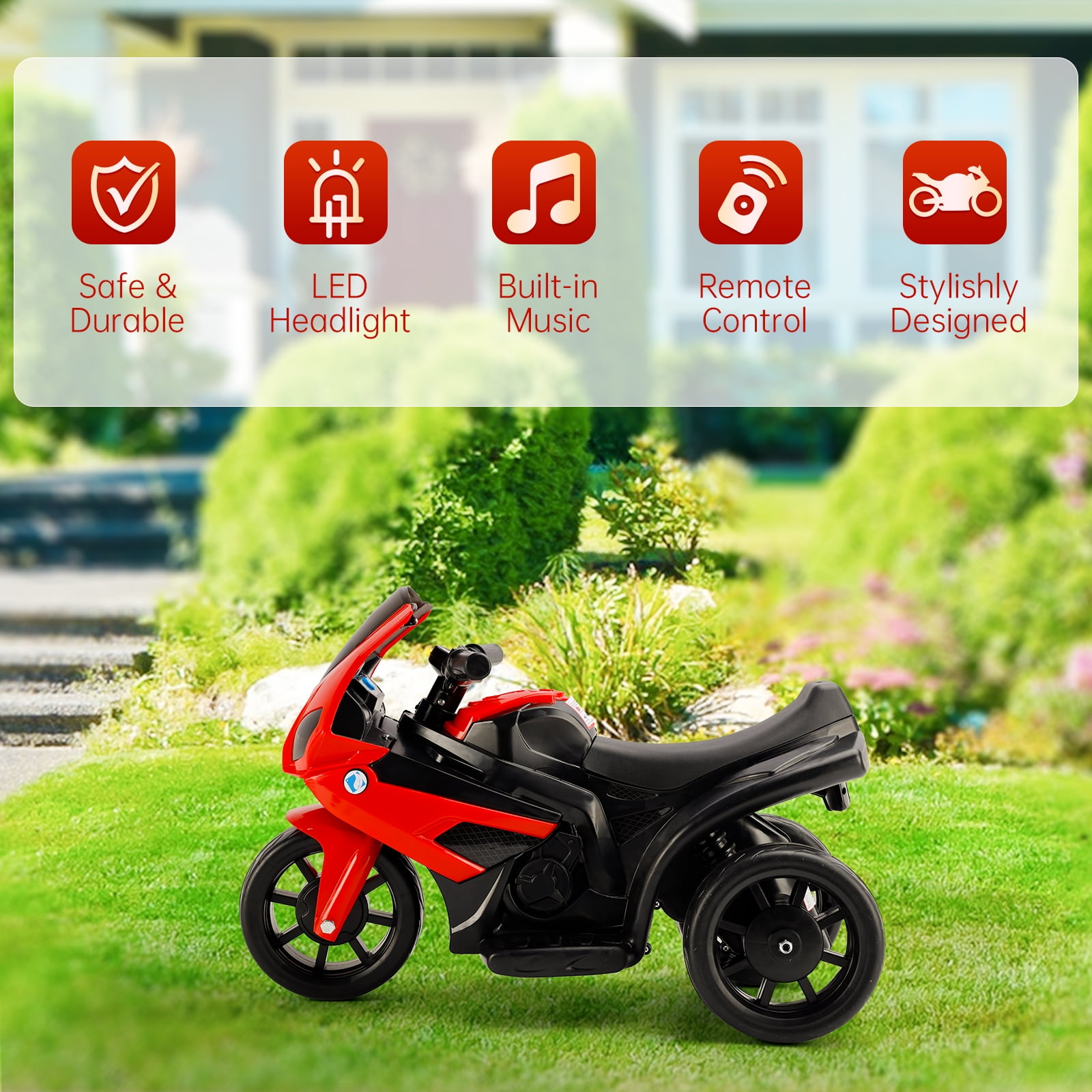 Bruce&Shark Kids Ride on Motorcycle Toy, Electric Dirtbike Three Wheels Bike with Remote Control, Music and Headlight for Toddler, Red Stroller Substitute Vehicles