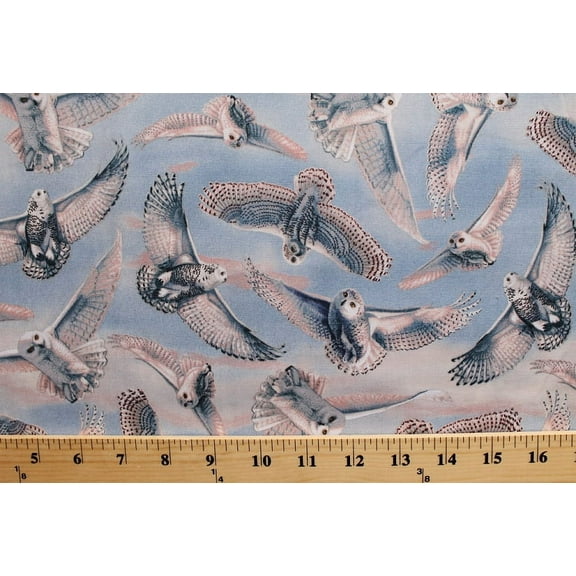 Cotton White Snowy Owls Arctic Owl Winter Sky Blue Silent Flight Cotton Fabric Print by the Yard (1649-23596-b)