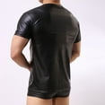 thumbnail image 5 of Fule Men's Sexy Leather Black Stage Performance Round Neck Short Sleeve T-shirt Tops, 5 of 9