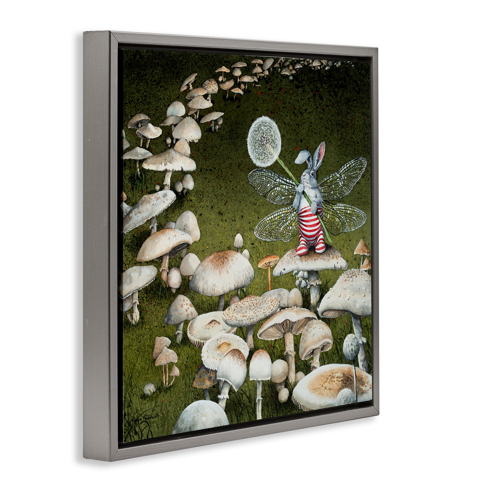 Stupell Industries Fairy Bunny on Mushroom Landscape Painting Gray Floater Framed Art Print Wall Art, 18 x 18