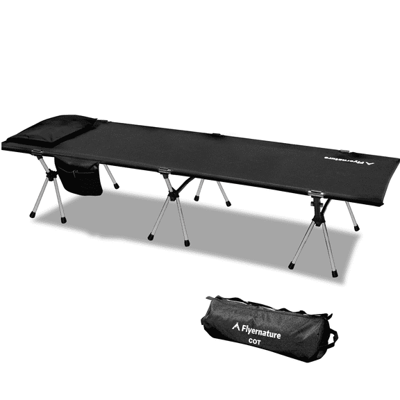 Flyernature 2-in-1 Ultra-Light Portable Camping Cot for Adults Folding Backpacking Cot with Leg Extenders, 300 LBS One Person Sleeping Cot, Black
