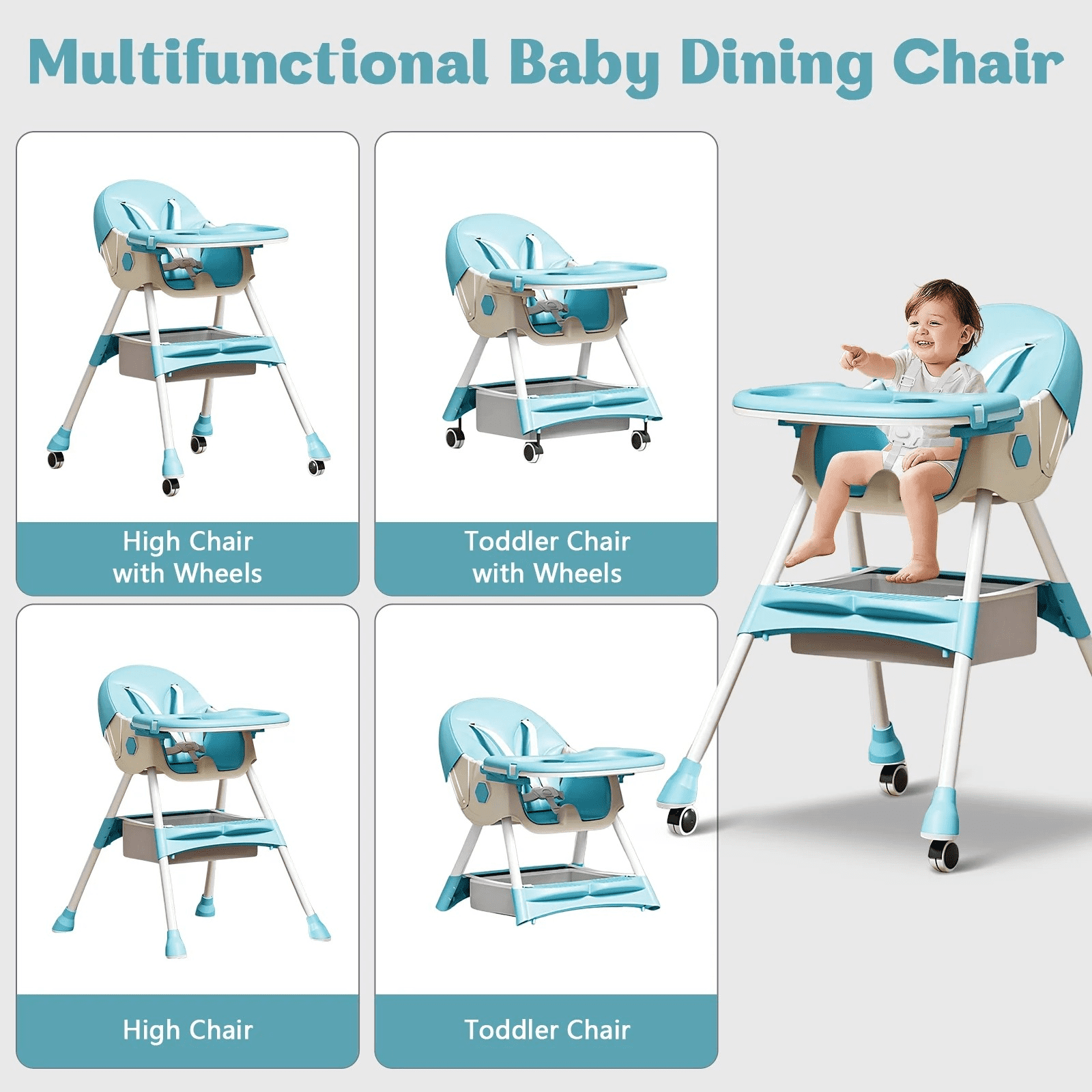 JieC 3 in 1 Baby High Chair, Foldable Baby Feeding Chair, for Infants and Toddlers 0-24 Months, Blue