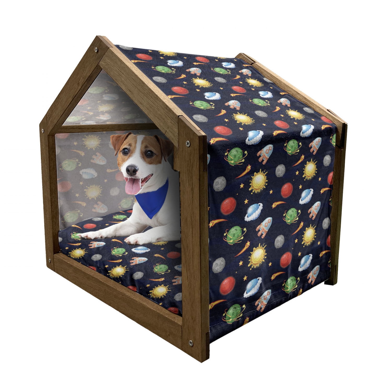 View of Space Pet House, Cartoon Style Cosmos Themed Illustration Sun with ...