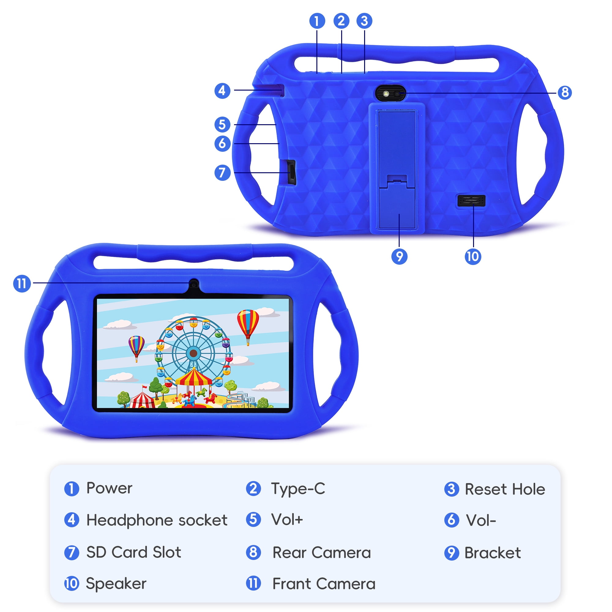 Veidoo Kids Tablet, 7 inch Android Tablet, 2GB+32GB, WiFi, IPS Screen, Children Tablet with Parental Control, Google Plays, Games, Learning Educational Tablet for Toddlers (Dark Blue)