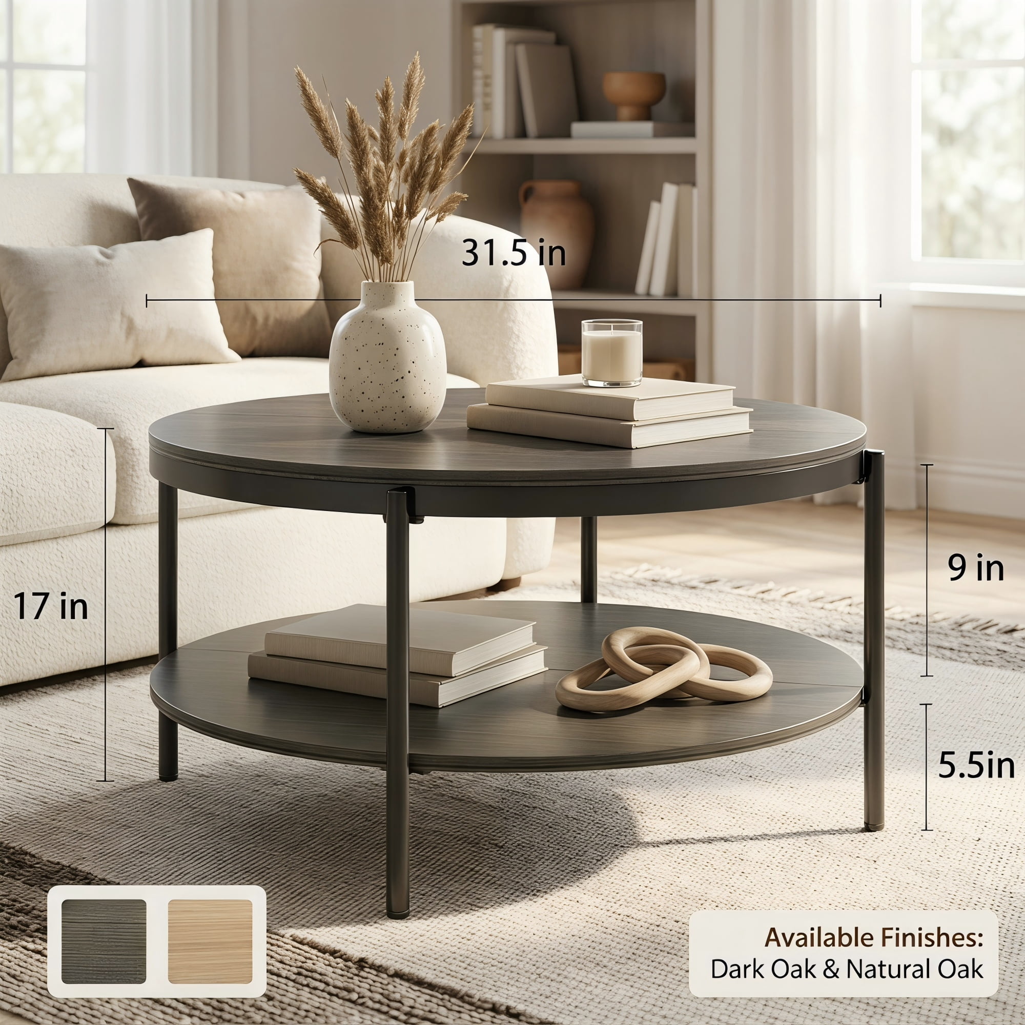 Manxile Round Coffee Tables for Living Room, 2 Tier Wooden Center Table with Storage Shelf for Home Office, Charcoal Gray