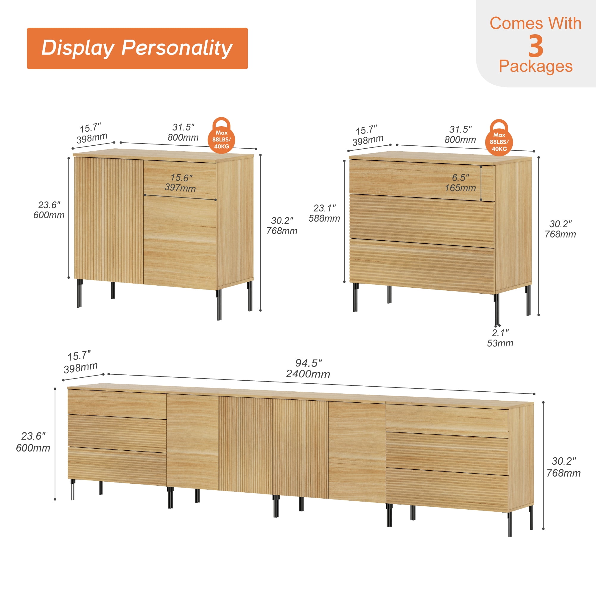 126" Modern Reeded 4-Door Sideboard with Drawers, 4-In-1 Wooden Credenza Storage Cabinet for Kitchen, Dining Room
