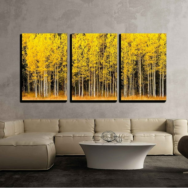 wall26 3 Piece Canvas Wall Art Stand of Changing Yellow Aspen Tree in