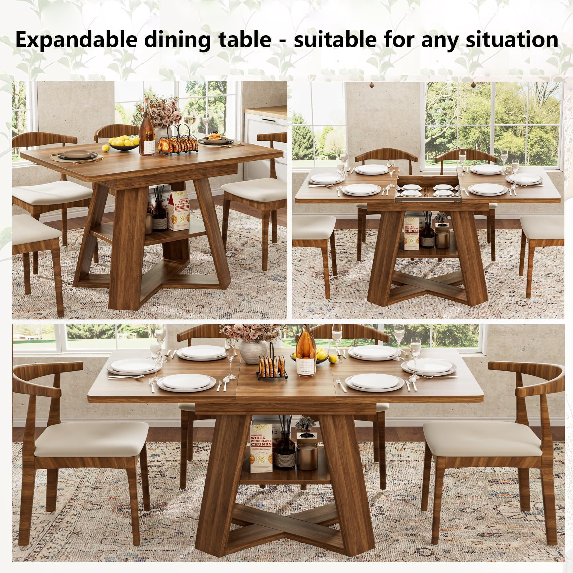 Extendable Dining Table 47.24''-66.92'', Seats 4-6, Rectangle Kitchen Table with Removable Leaves, Storage Shelf, Walnut