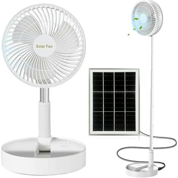 Solar Powered Outdoor Fan, Rechargeable Foldable Desk Fan with Solar Panel Battery Operated Pedestal 3 Speeds Quiet Height Adjustable Floor Fan for Home, Bedroom, Travel