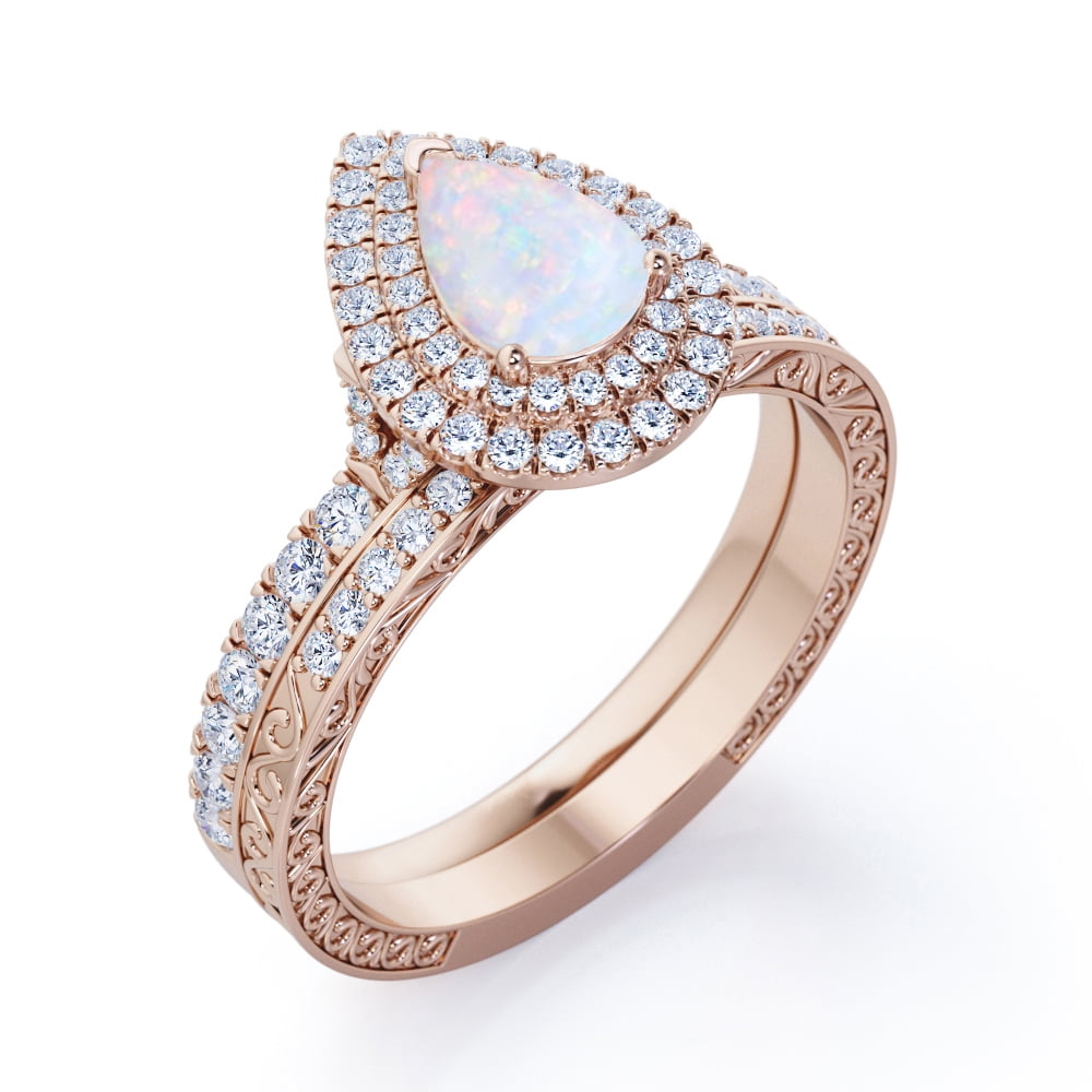 JeenMata Double Halo Set 1.75 Carat Pear Shape Ethiopian Opal and Moissanite Pave Victorian Bridal Ring Set in 18K Rose Gold Plating over Silver