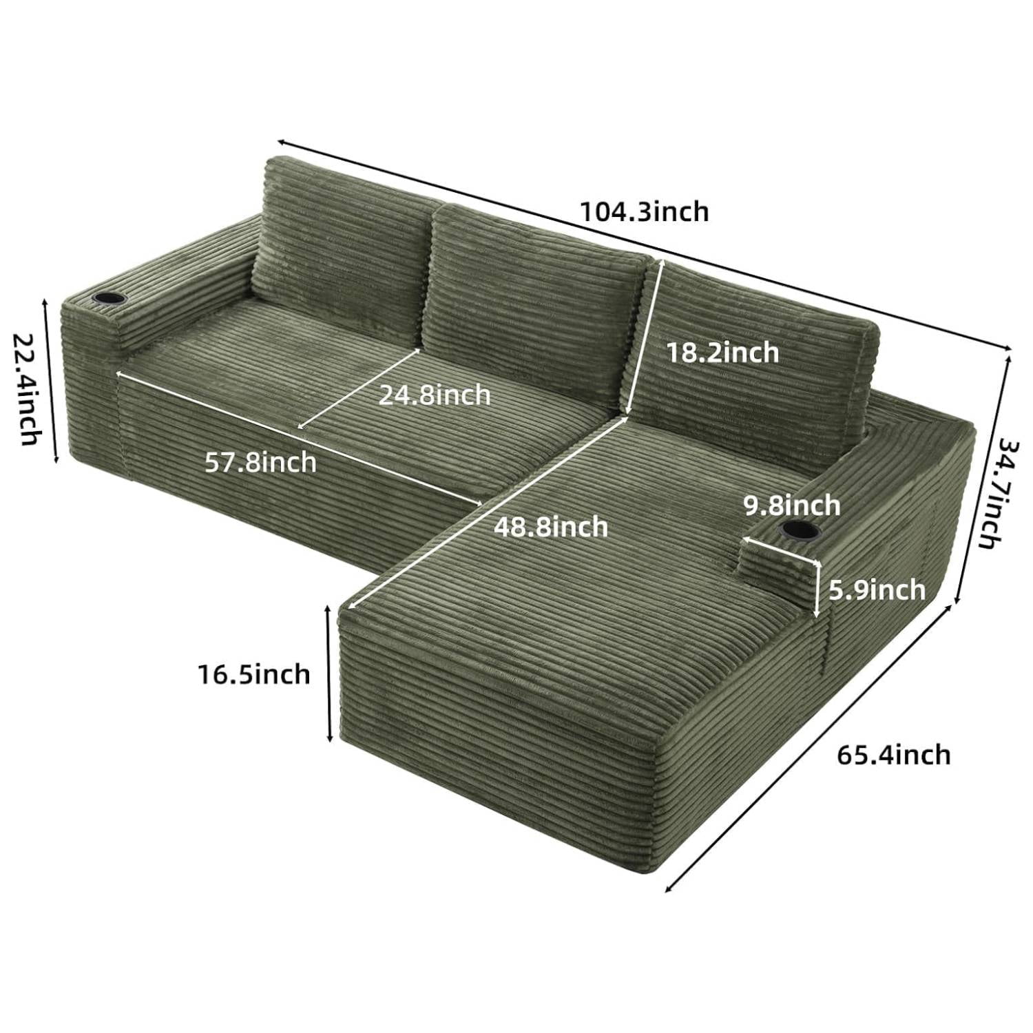 L-Shape Cloud Couch Cup Holders, Modular 104" Cloud Sectional Sofa Corduroy Boneless Sofa Couch with Chaise for Living Room, Green