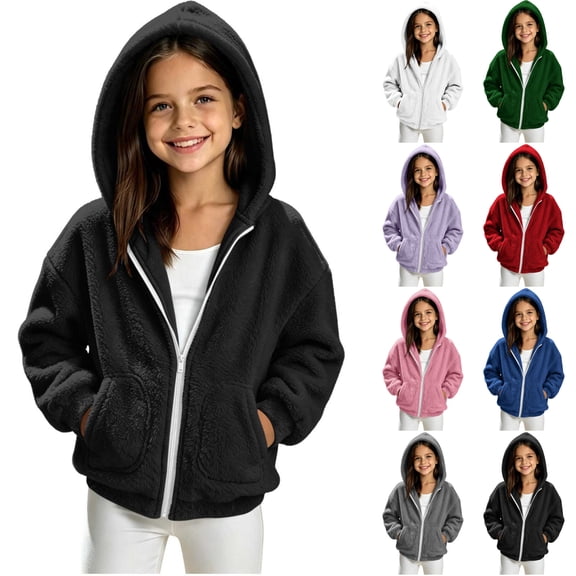 Husipze Kids Sherpa Fleece Jacket Hooded Teddy Full Zip Fuzzy Long Sleeve Soft Cozy Warm Casual Boys Girls Fall Winter Outerwear Black 5-6 Years